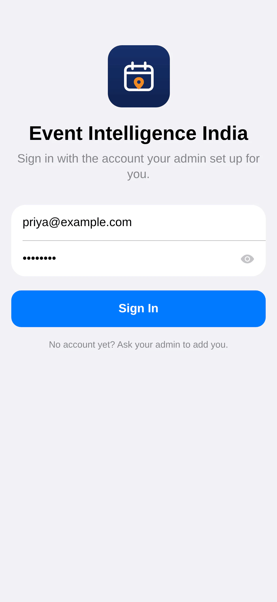 Event Intelligence India: Sign in. A calm, focused sign-in.