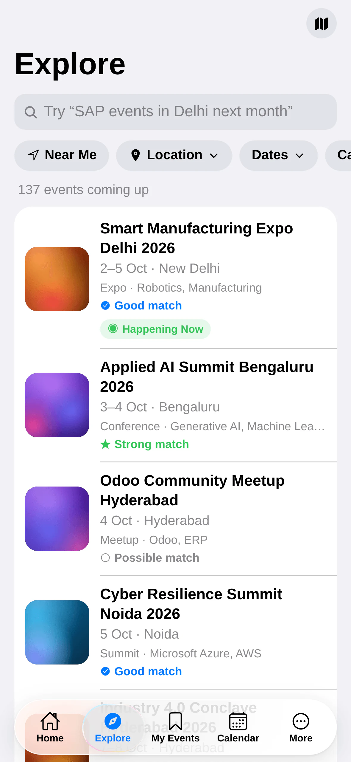Event Intelligence India: Explore. Filters and relevance badges on every event.