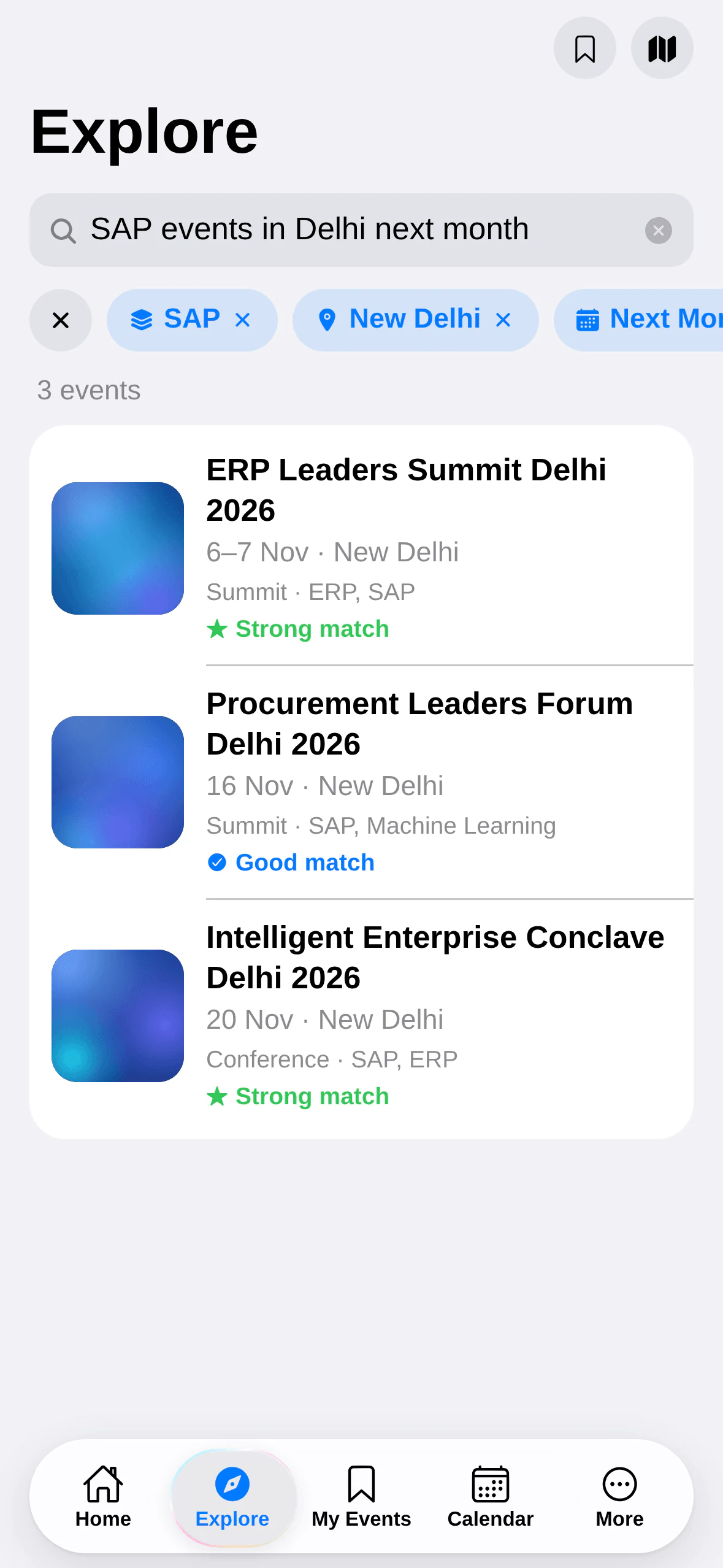 Event Intelligence India: Natural search. A plain-English query becomes filter chips.