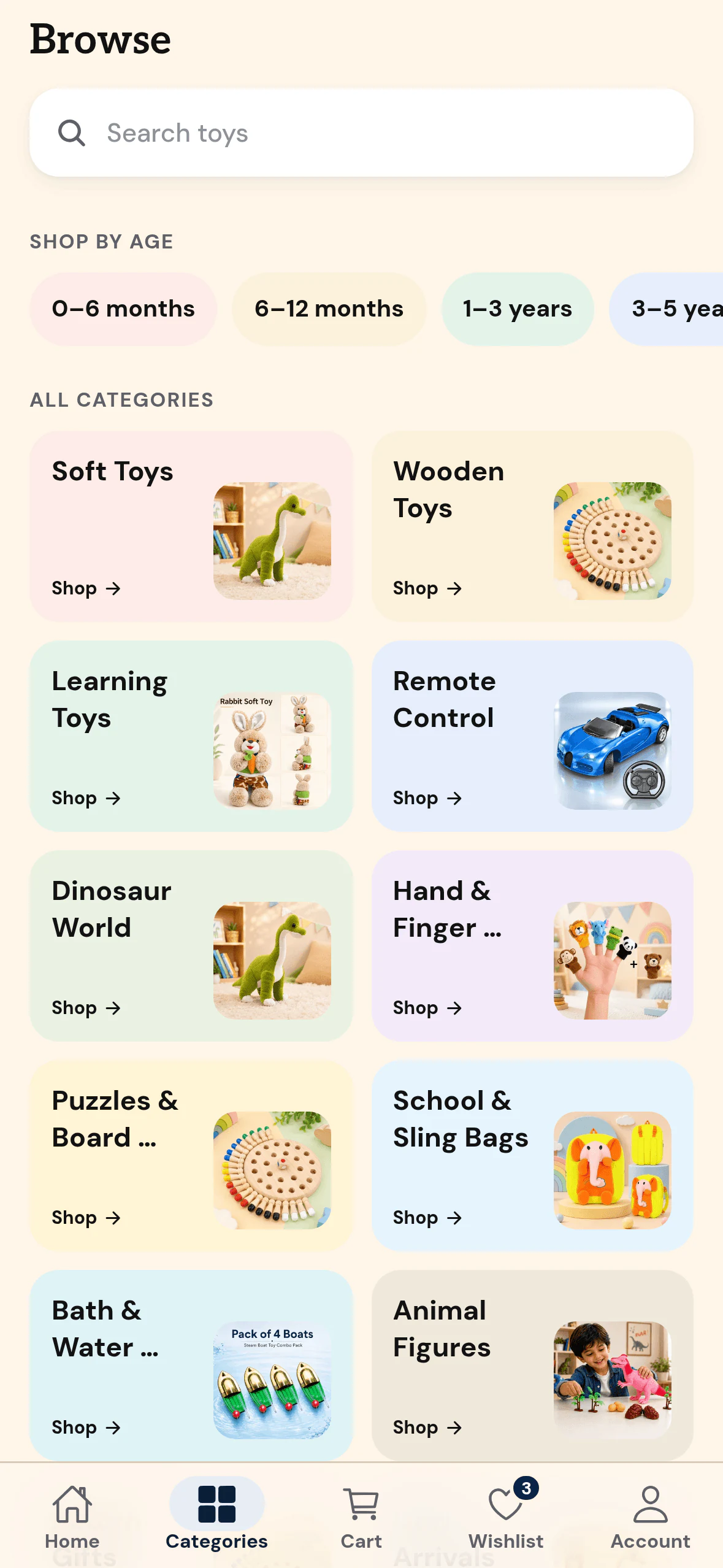 Toys Cartel: Browse. Age chips and category tiles.